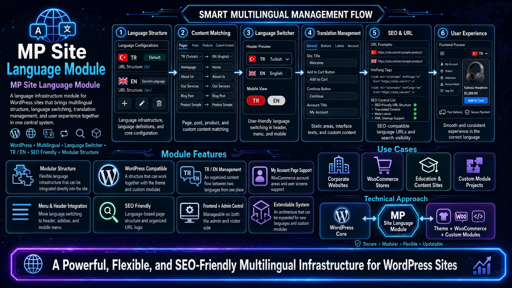 A modular language infrastructure that brings together multilingualism, language switching, translation management, and user experience in a single center.