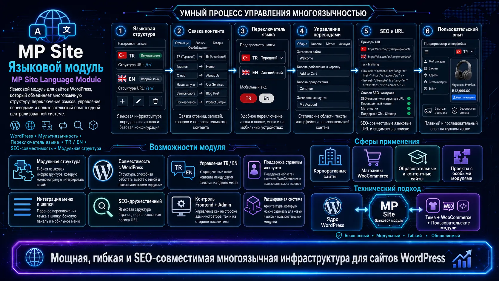 Модульная языковая инфраструктура, объединяющая многоязычную структуру, переключение языка, управление переводами и пользовательский опыт в одном центре