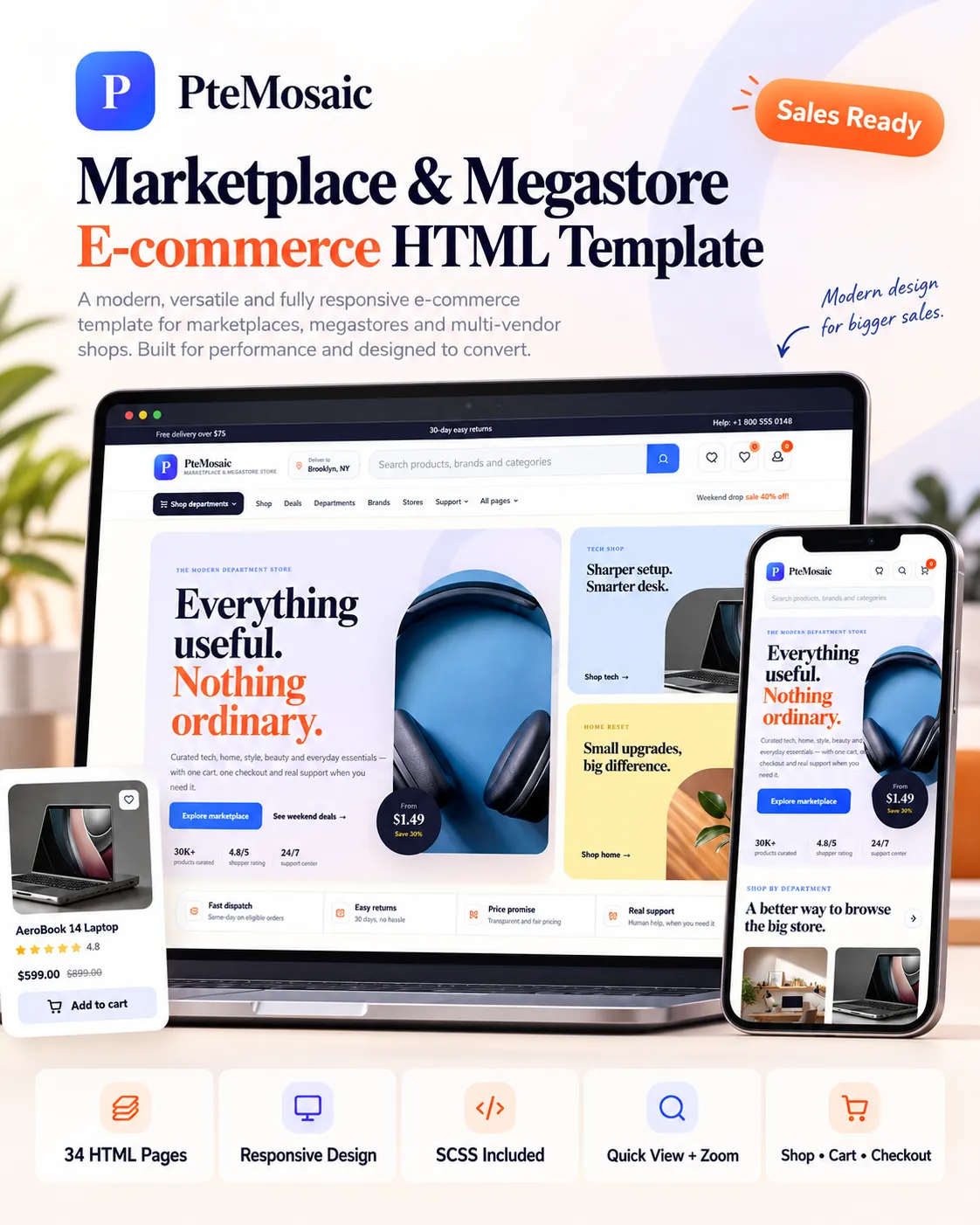 PteMosaic - Marketplace ve Çok Kategorili E-Ticaret HTML Şablonu